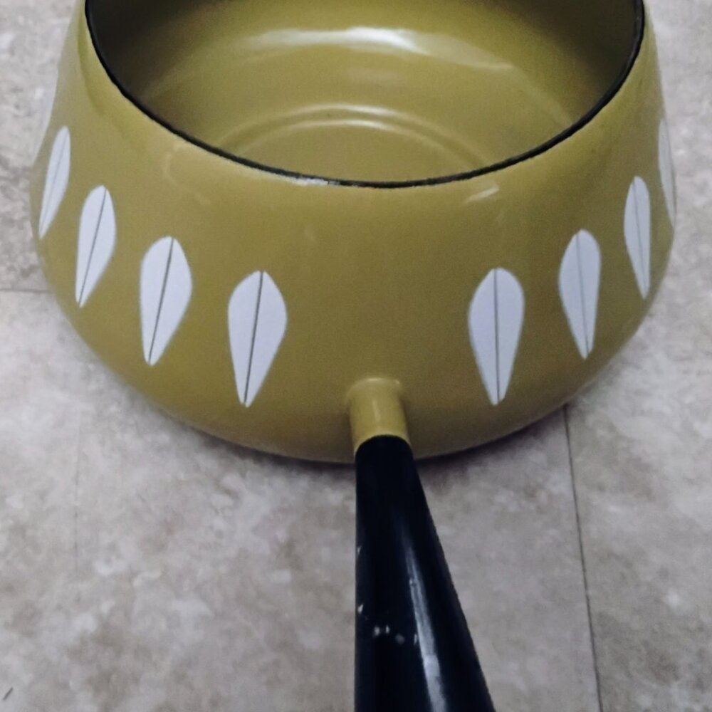 Vintage Cathrineholm style Lotus Enamel fondue pot Olive Yellow MCM - Picture 3 of 9